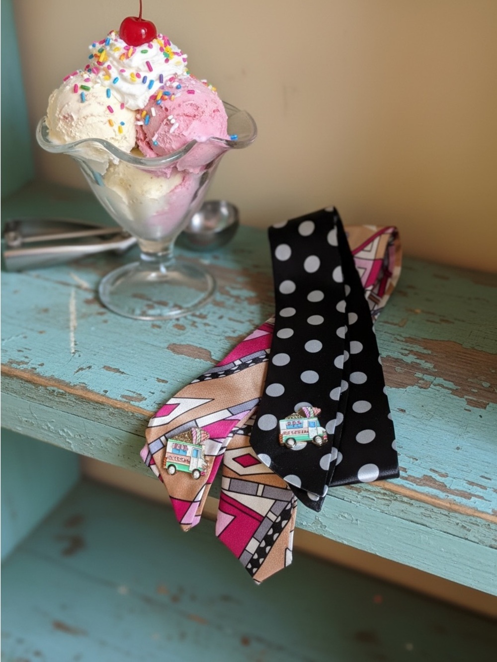 Handcrafted Bag Scarves with Ice Cream Truck Pins- Pink or Black